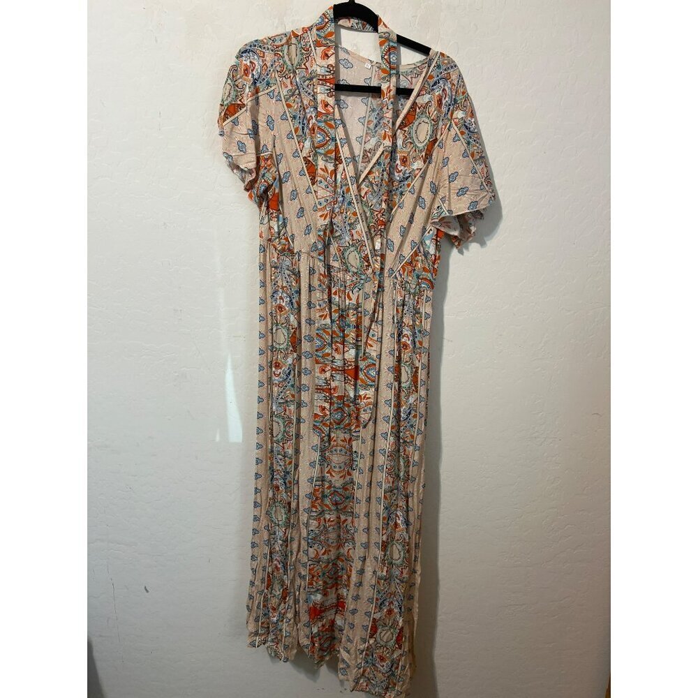 Women Orange Blue Maxi Dress With Belt Tie Sz XL Flutter Sleeves Pullover